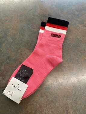 Gucci Knock Off Pink Crew Socks with Navy Red and White Stripes